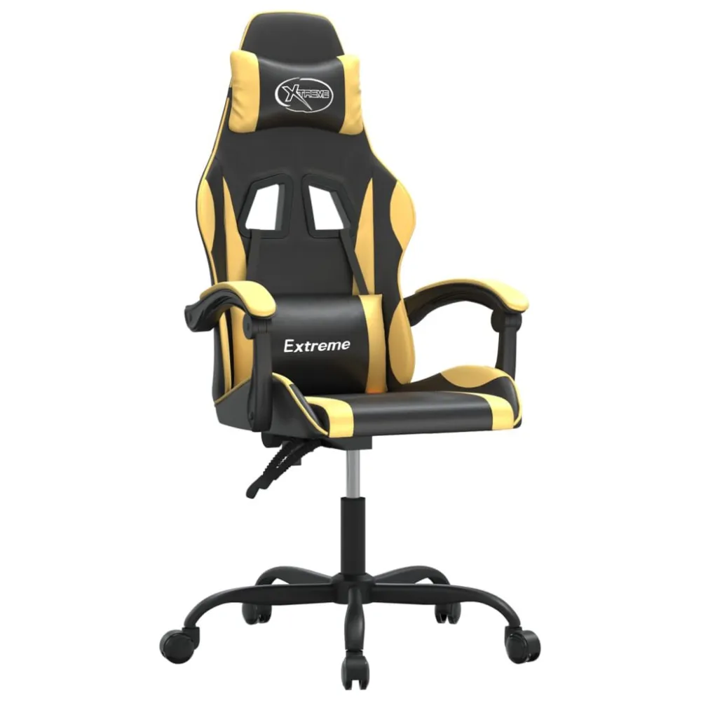 Cadeira gaming giratória couro artificial preto e dourado