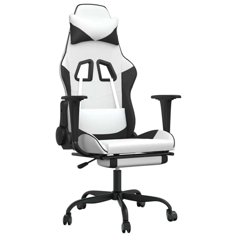Cadeira gaming massagens com apoio pés couro artif. Branco/preto
