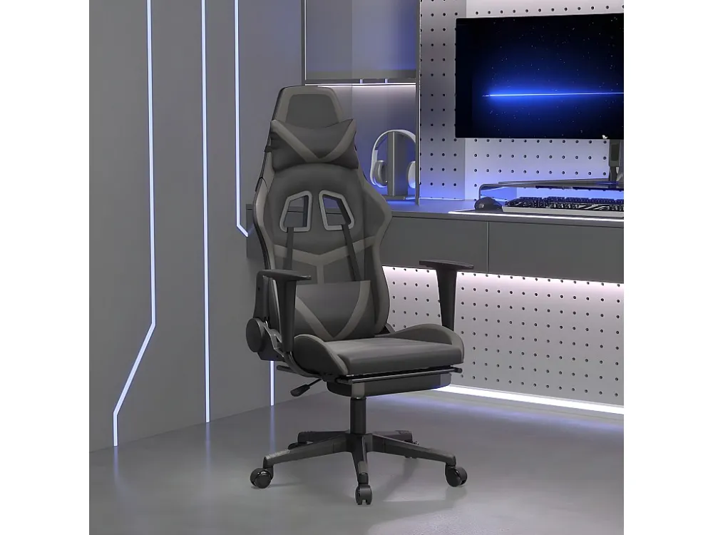 Cadeira gaming massagens com apoio pés couro artif. preto/cinza