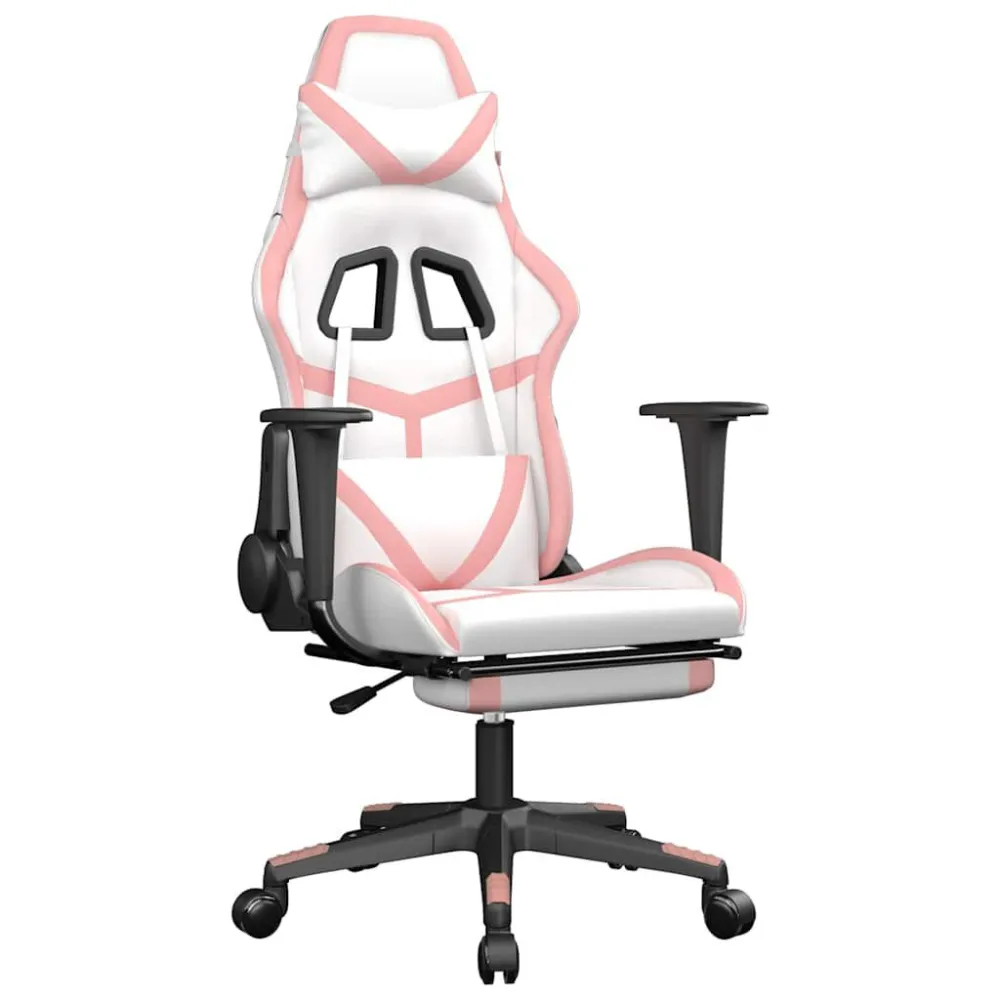 Cadeira gaming massagens com apoio pés couro artif. branco/rosa