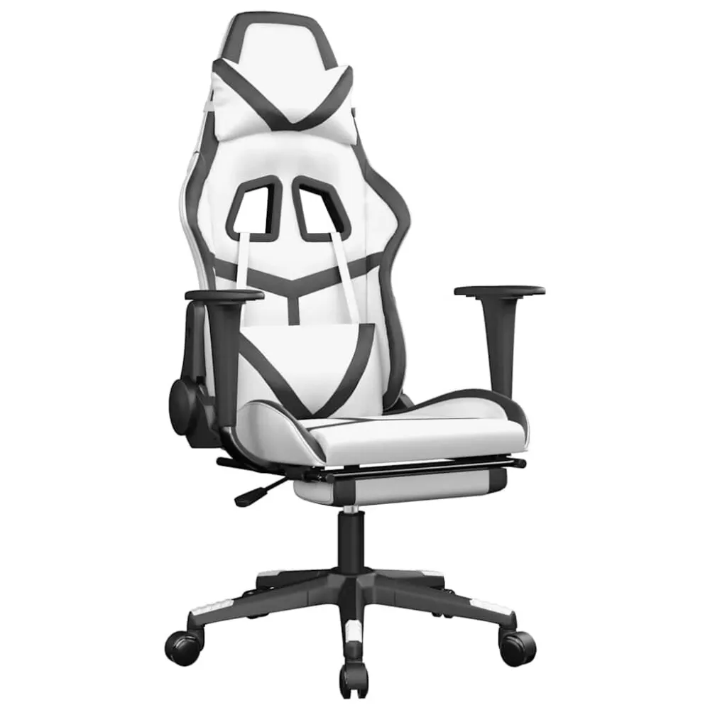 Cadeira gaming massagens com apoio pés couro artif. Branco/preto