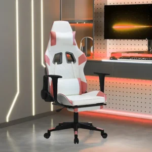Cadeira gaming massagens com apoio pés couro artif. branco/rosa