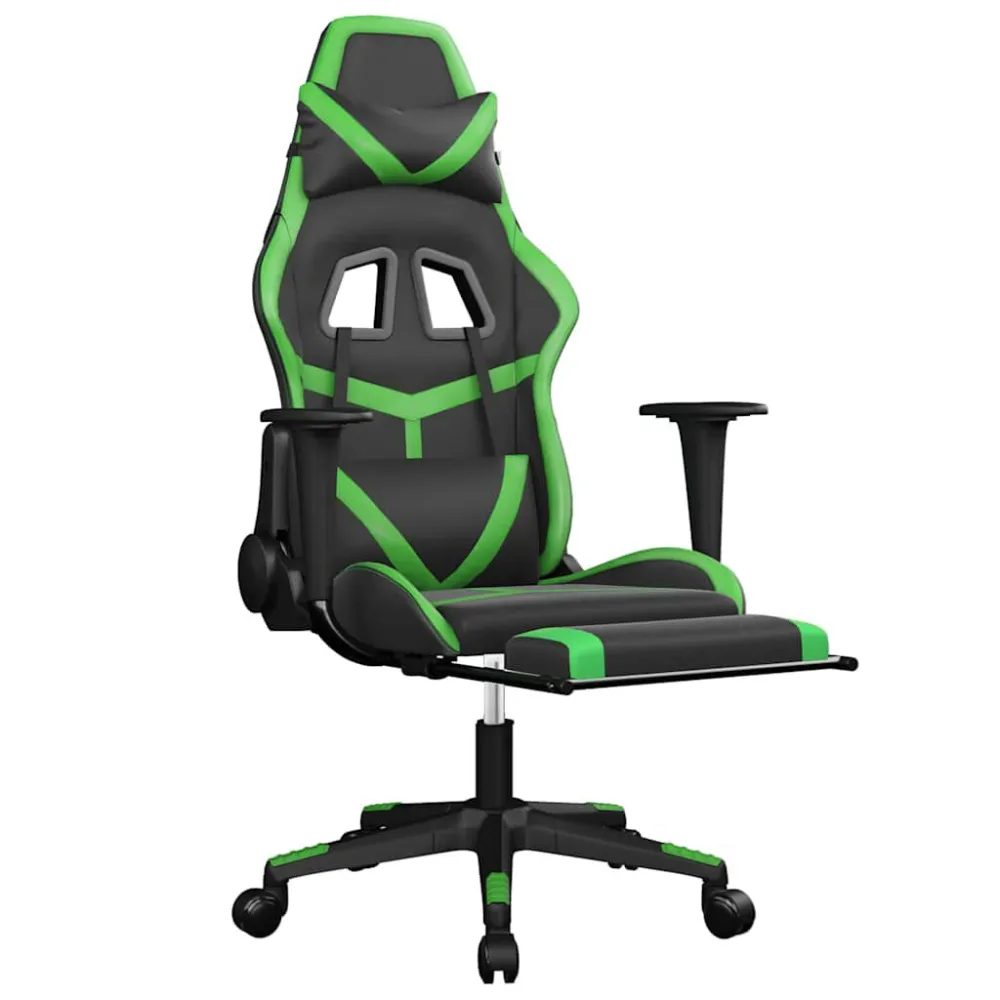 Cadeira gaming massagens com apoio pés couro artif. preto/verde