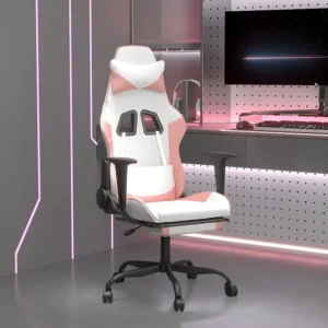 Cadeira gaming massagens com apoio pés couro artif. branco/rosa