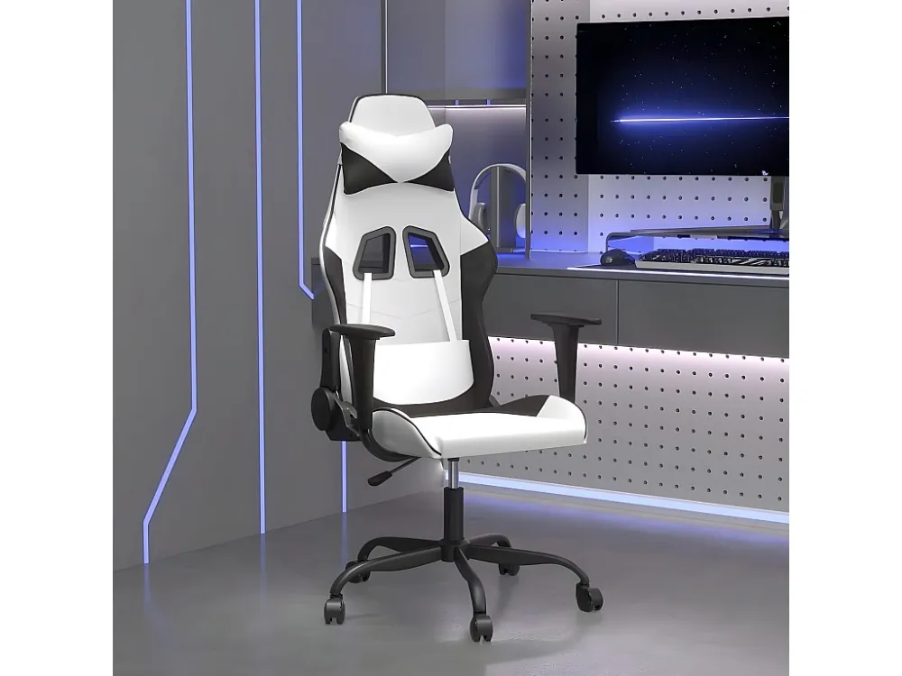 Cadeira gaming massagens couro artificial branco e preto