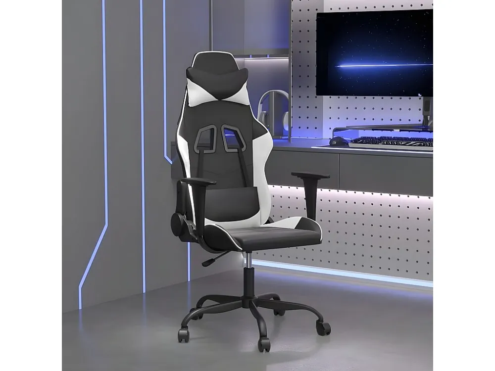 Cadeira gaming massagens couro artificial preto e branco
