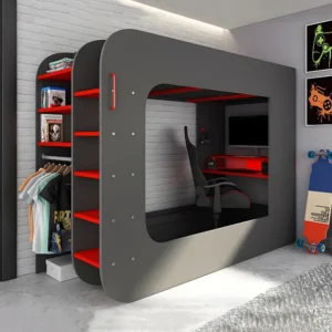 Cama alta gamer 90x200 cm secretária e espaços de arrumação LEDs antracite e vermelho WARRIOR