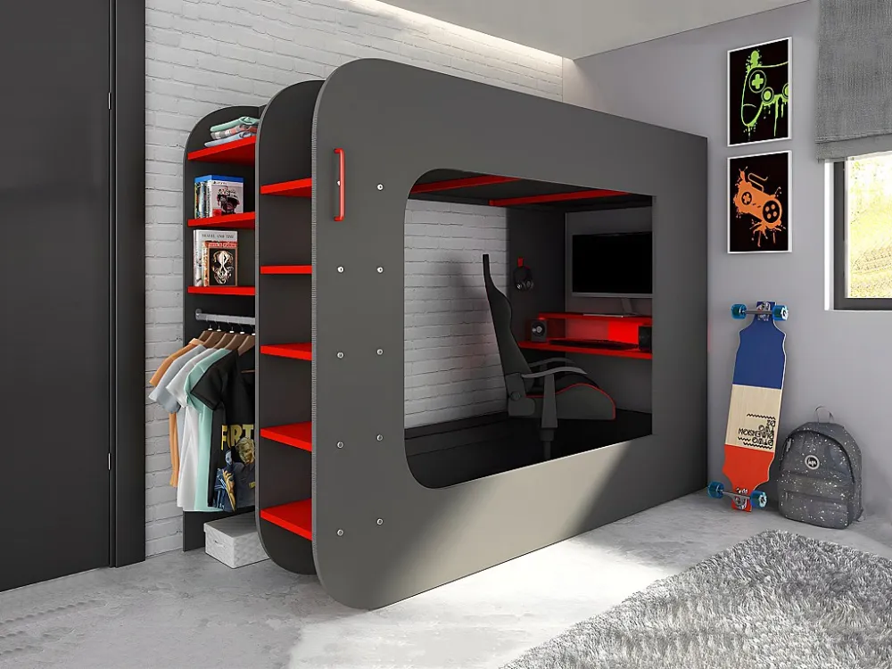 Cama alta gamer 90x200 cm secretária e espaços de arrumação LEDs antracite e vermelho WARRIOR