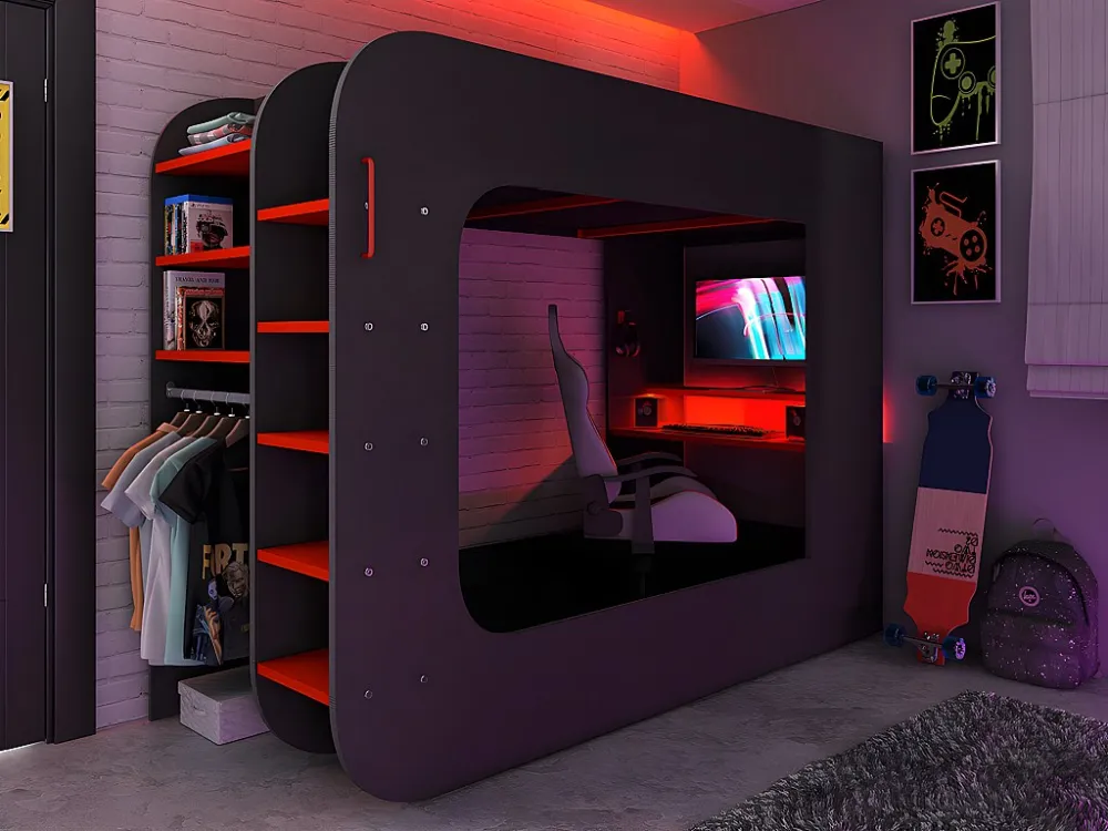 Cama alta gamer 90x200 cm secretária e espaços de arrumação LEDs antracite e vermelho WARRIOR