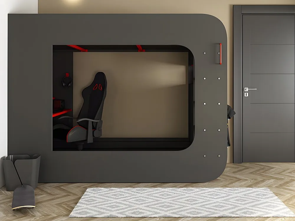 Cama alta gamer 90x200 cm secretária e espaços de arrumação LEDs antracite e vermelho WARRIOR