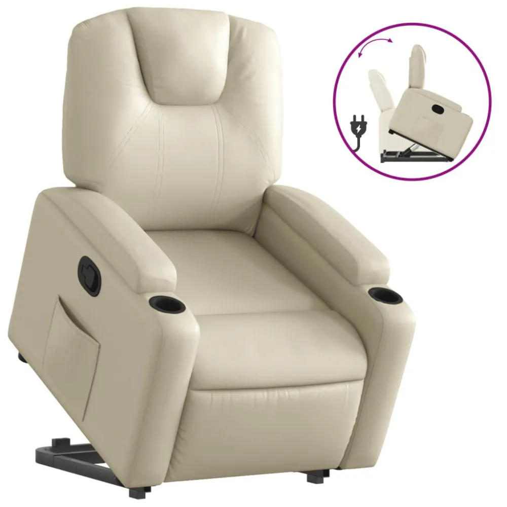 Poltrona reclinável elevatória couro artificial cor creme