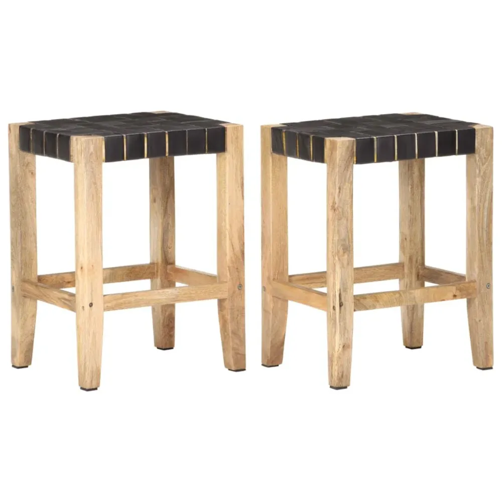 Bancos bar 2pcs 46x36x60cm couro genuíno/mangueira maciç preto