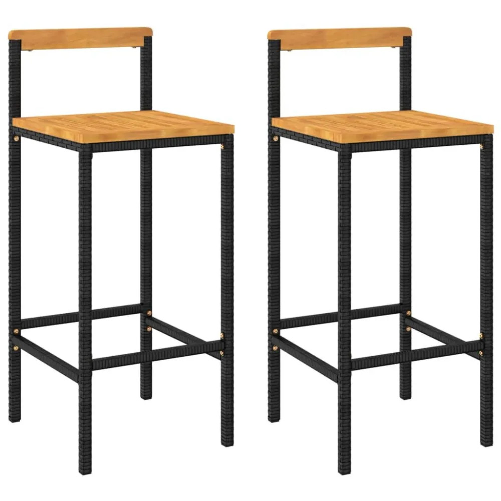 Bancos de bar 2 pcs vime PE e madeira de acácia maciç preto