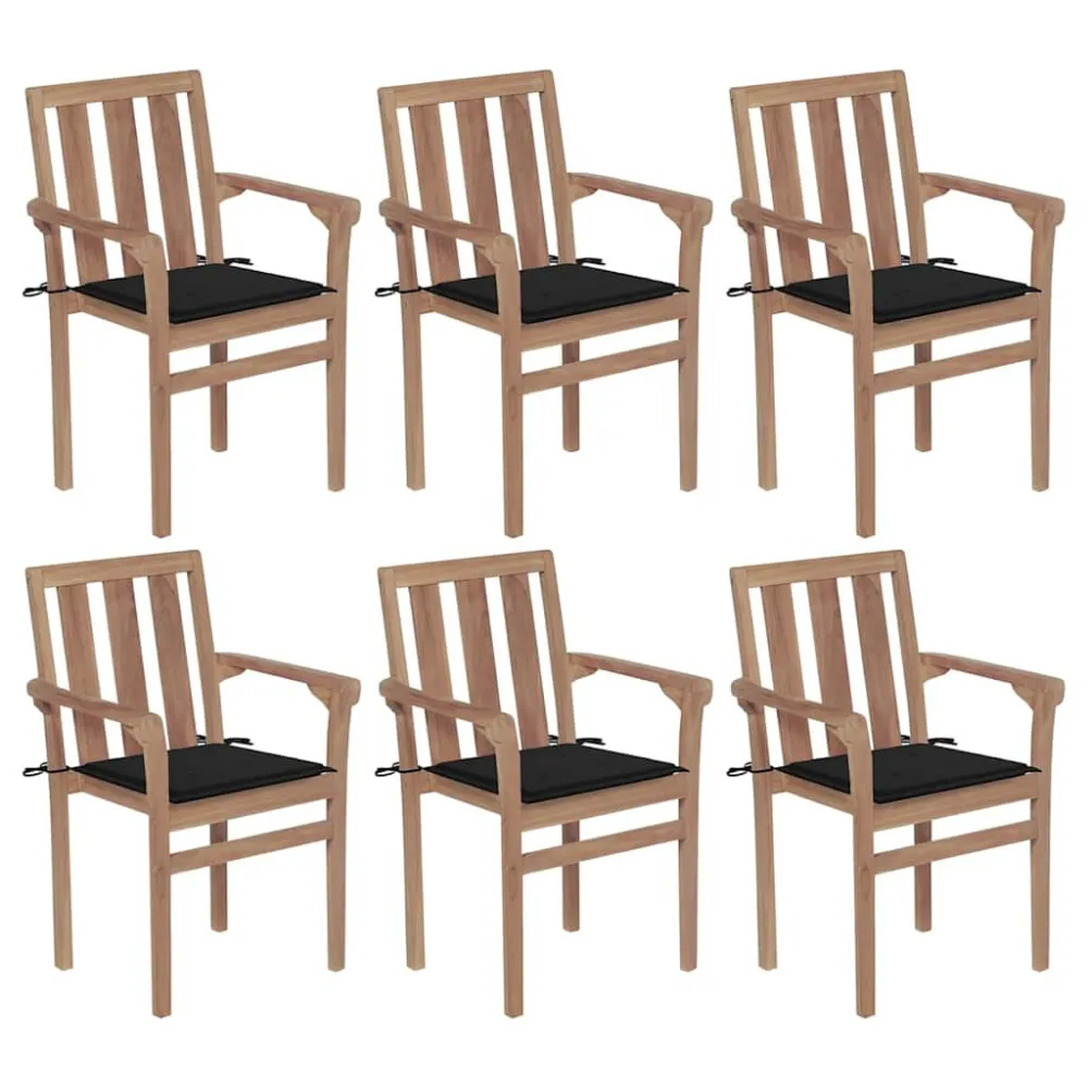 Cadeiras de jardim empilháveis com almofadões 6 pcs teca maciç