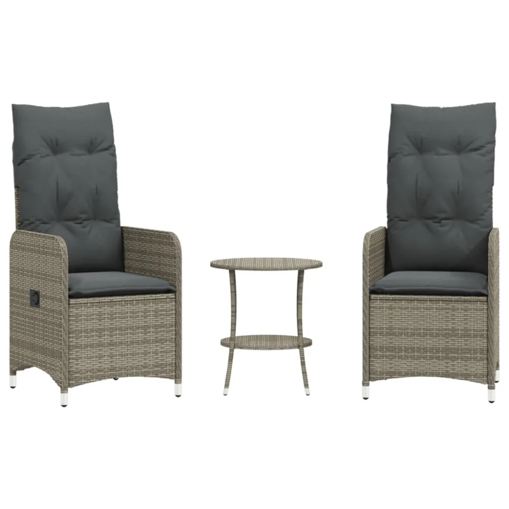 Cadeiras jardim reclináveis 2 pcs com mesa vime PE cinzento