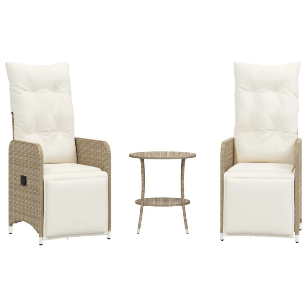 Cadeiras de jardim reclináveis 2 pcs com mesa vime PE bege