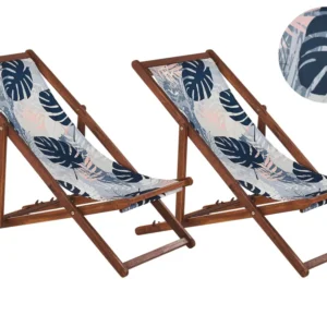 Conjunto 2 espreguiçadeiras madeira escura e 2 lonas brancas e típico folha tropical ANZIO