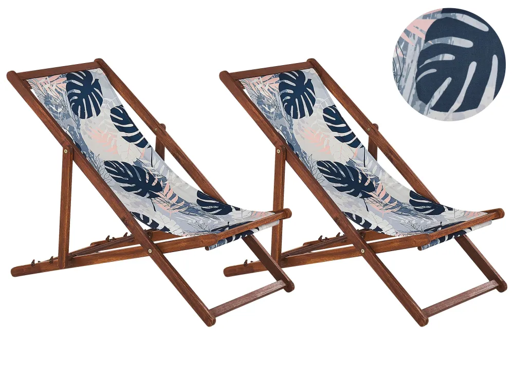 Conjunto 2 espreguiçadeiras madeira escura e 2 lonas brancas e típico folha tropical ANZIO