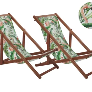 Conjunto 2 espreguiçadeiras madeira escura e 2 lonas brancas e regular flamingos ANZIO