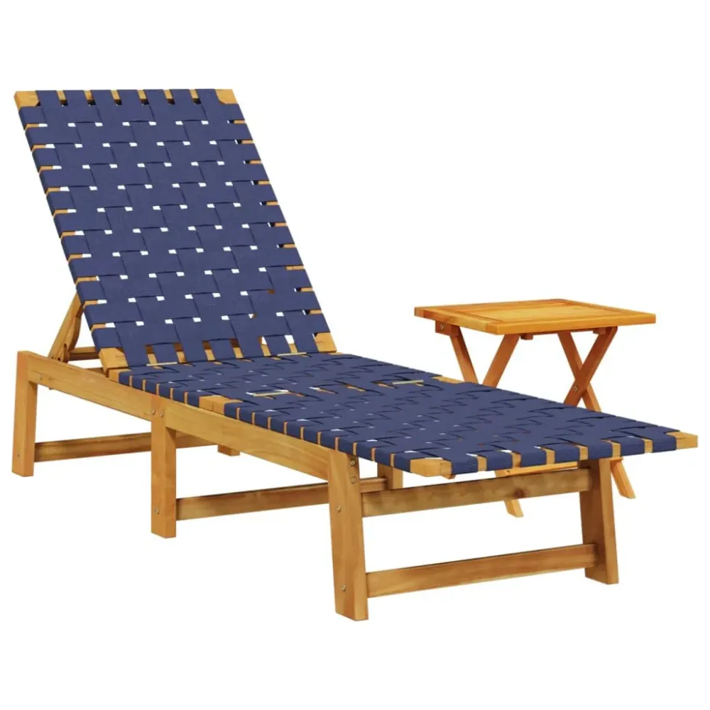 Espreguiçadeira com mesa acácia maciç e tecido azul-escuro