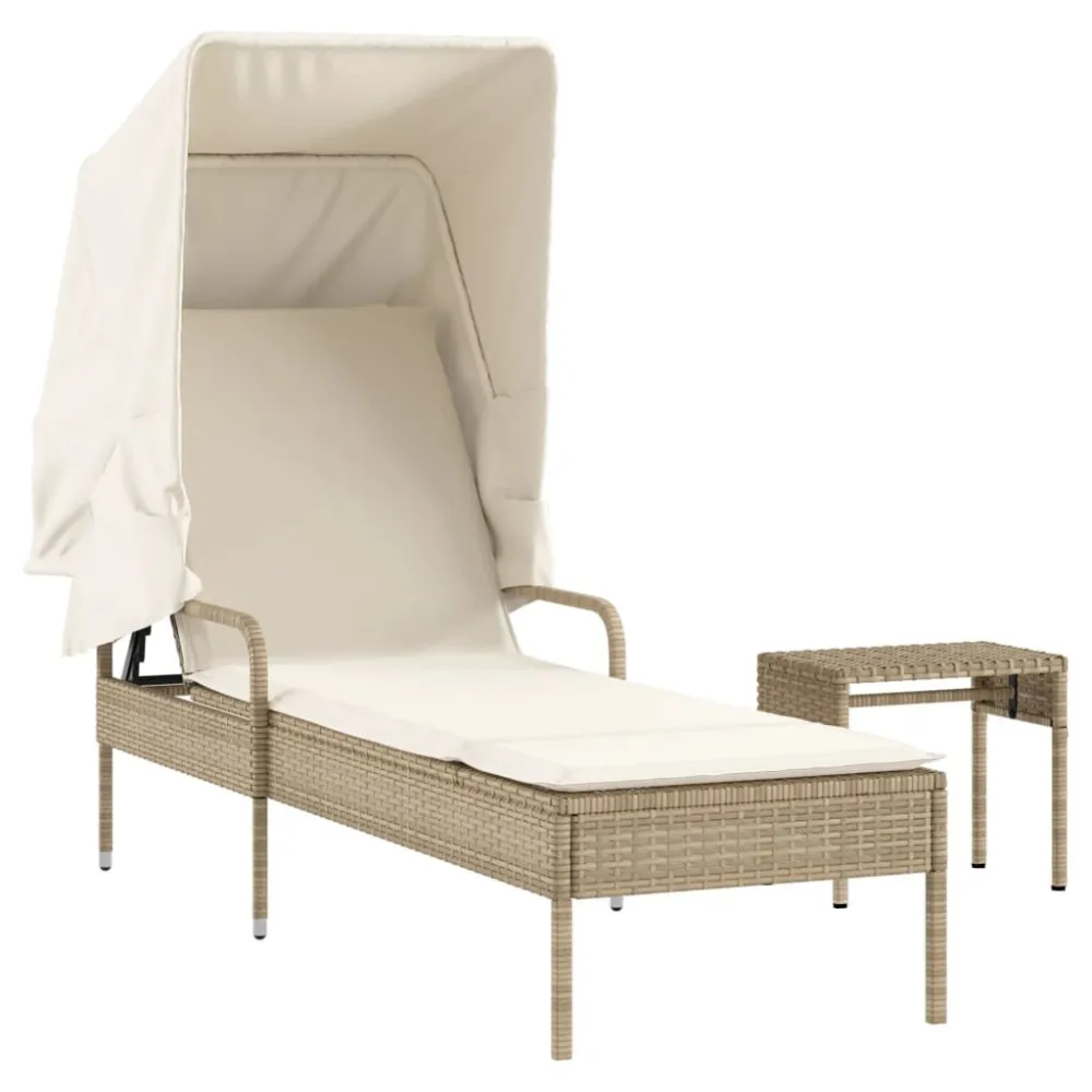 Espreguiçadeira com toldo e mesa vime PE bege