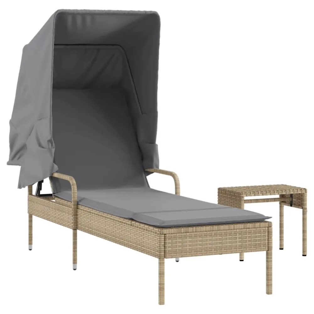 Espreguiçadeira com toldo e mesa vime PE bege