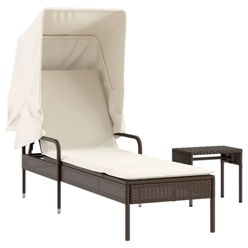 Espreguiçadeira com toldo e mesa vime PE castanho