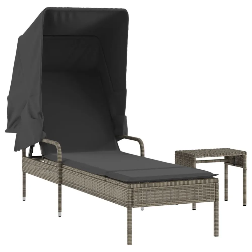Espreguiçadeira com toldo e mesa vime PE cinzento