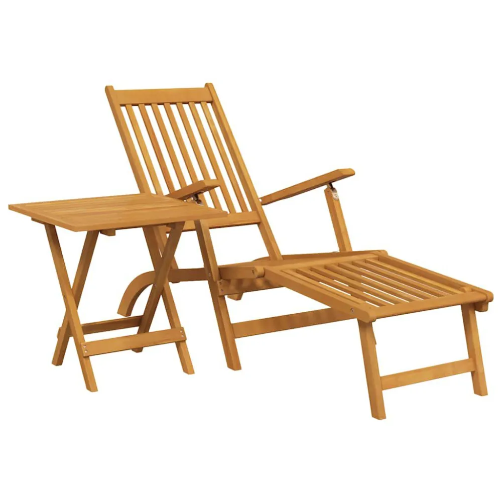 Espreguiçadeira exterior com apoio pés e mesa acácia maciç