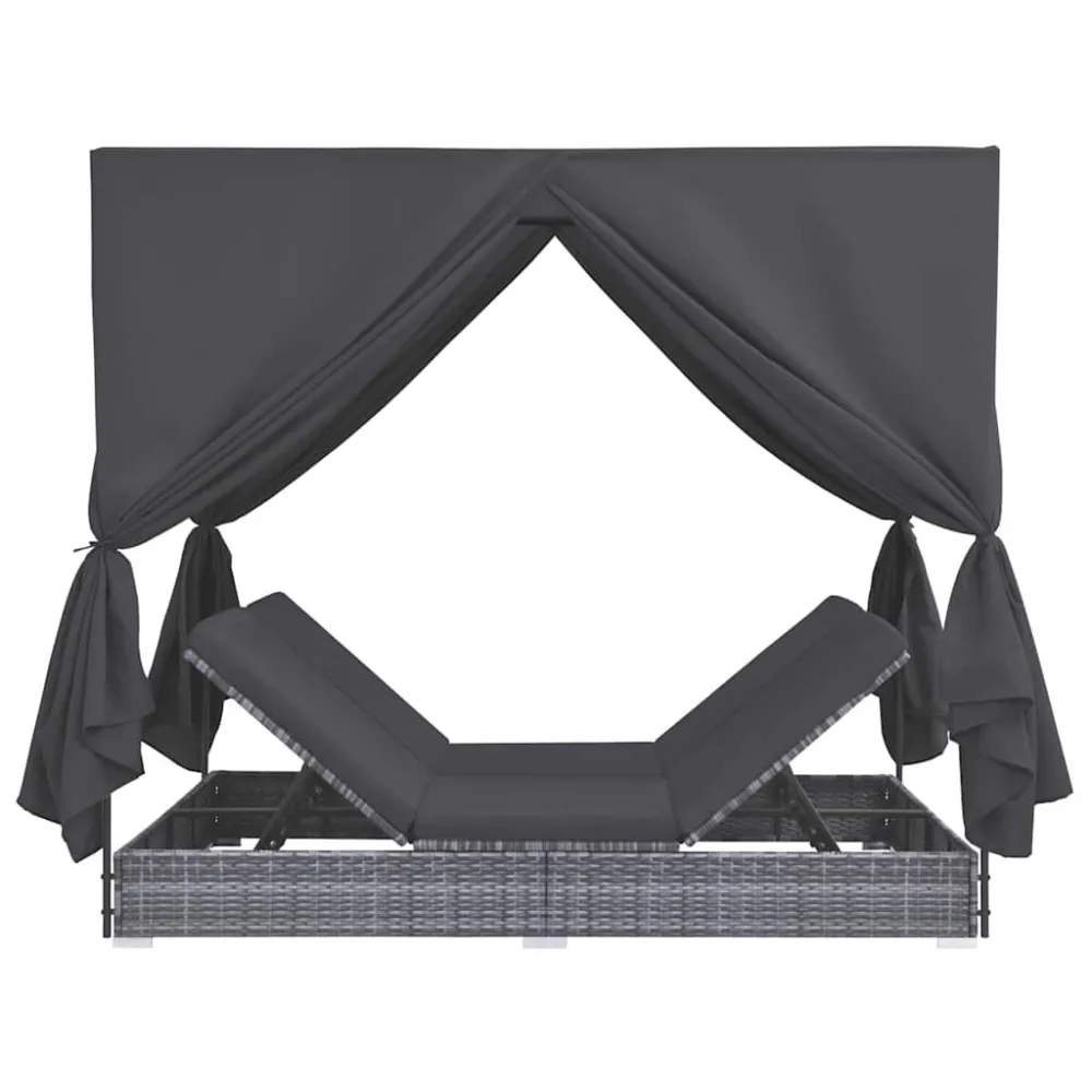 Espreguiçadeira de exterior com cortinas em vime PE cinzento