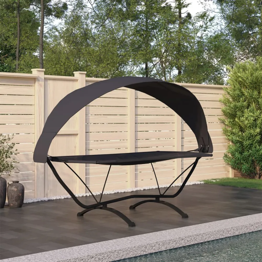 Espreguiçadeira exterior com toldo ço e tecido oxford preto