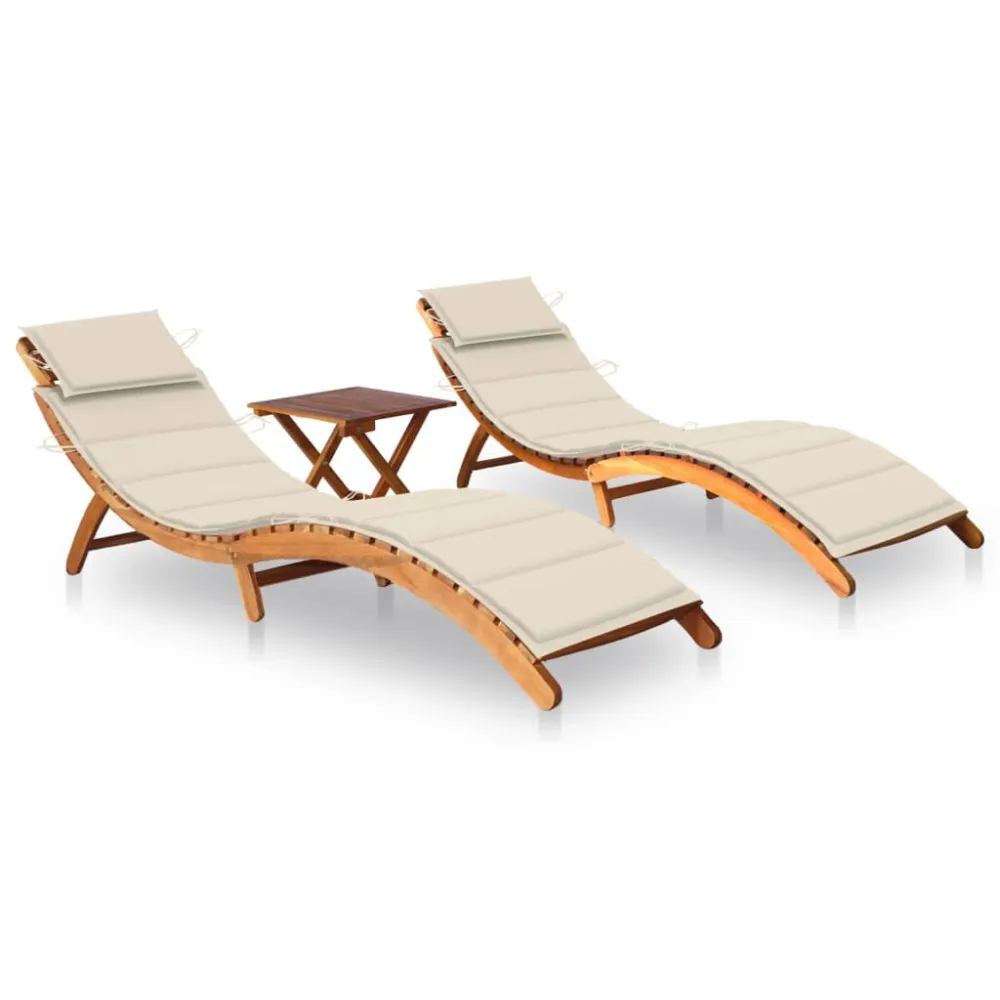 Espreguiçadeiras com mesa e almofadões 2 pcs acácia maciç