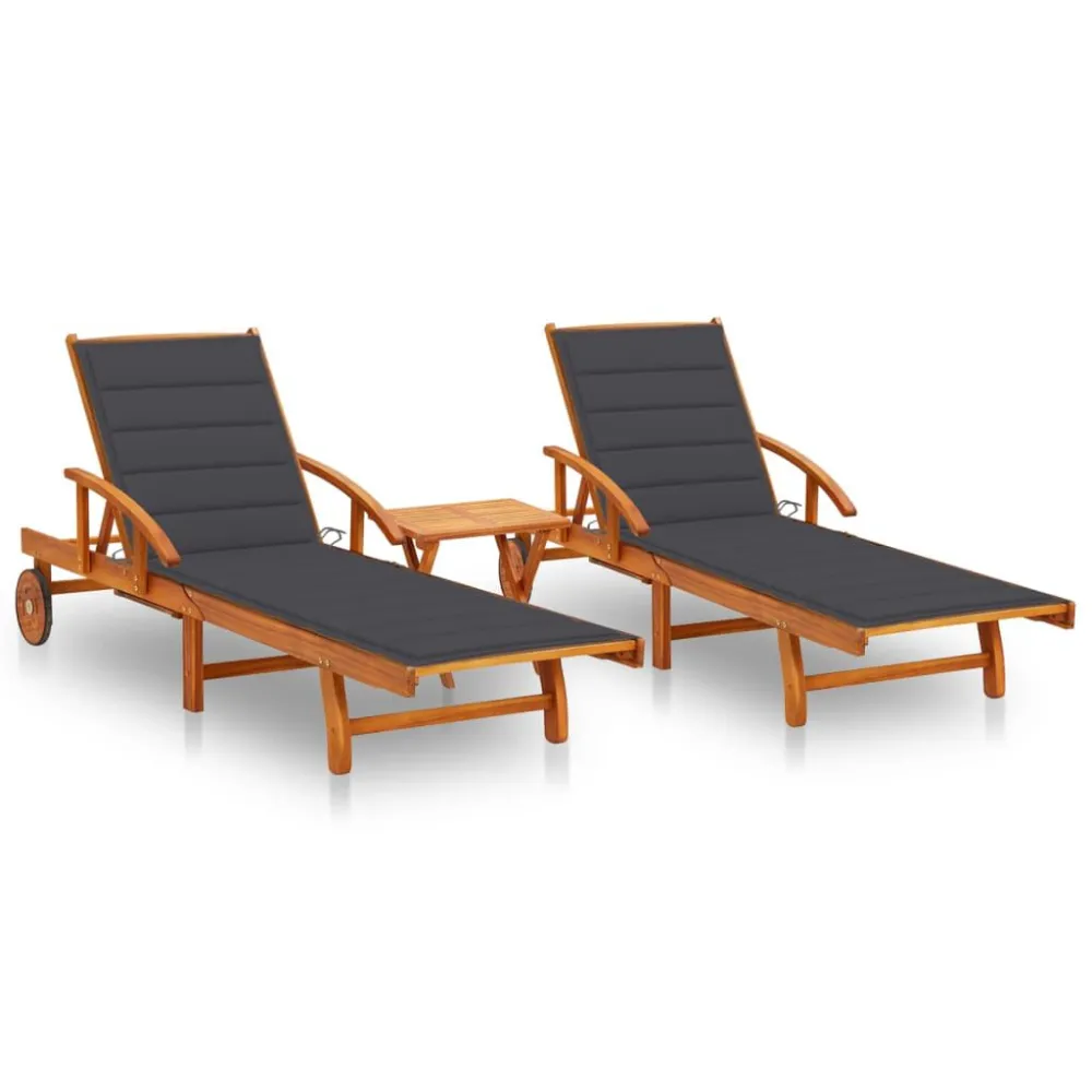Espreguiçadeiras com mesa e almofadões 2 pcs acácia maciç