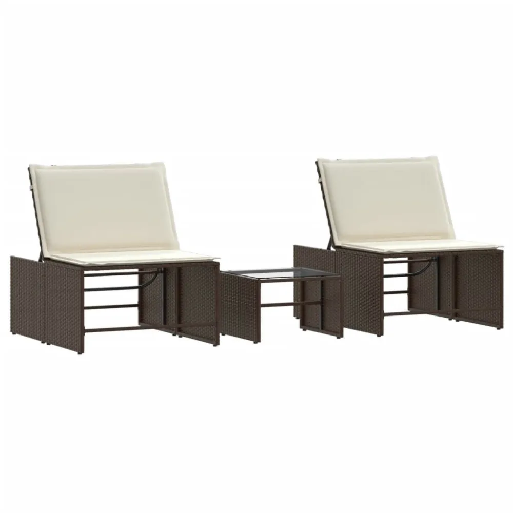 Espreguiçadeiras com mesa 2 pcs vime PE castanho