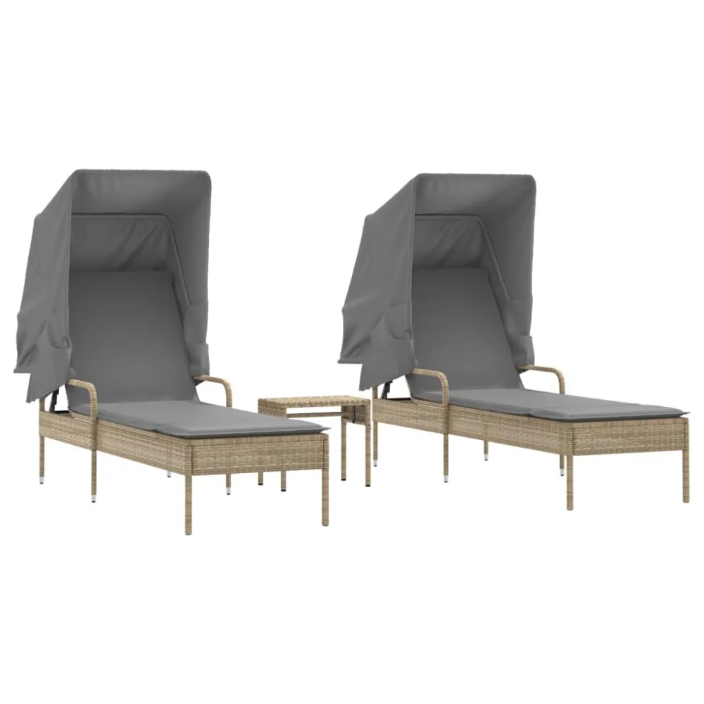 Espreguiçadeiras com toldos e mesa 2 pcs vime PE bege