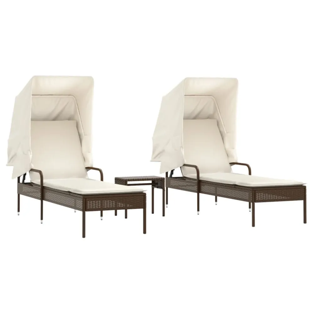 Espreguiçadeiras com toldos e mesa 2 pcs vime PE castanho