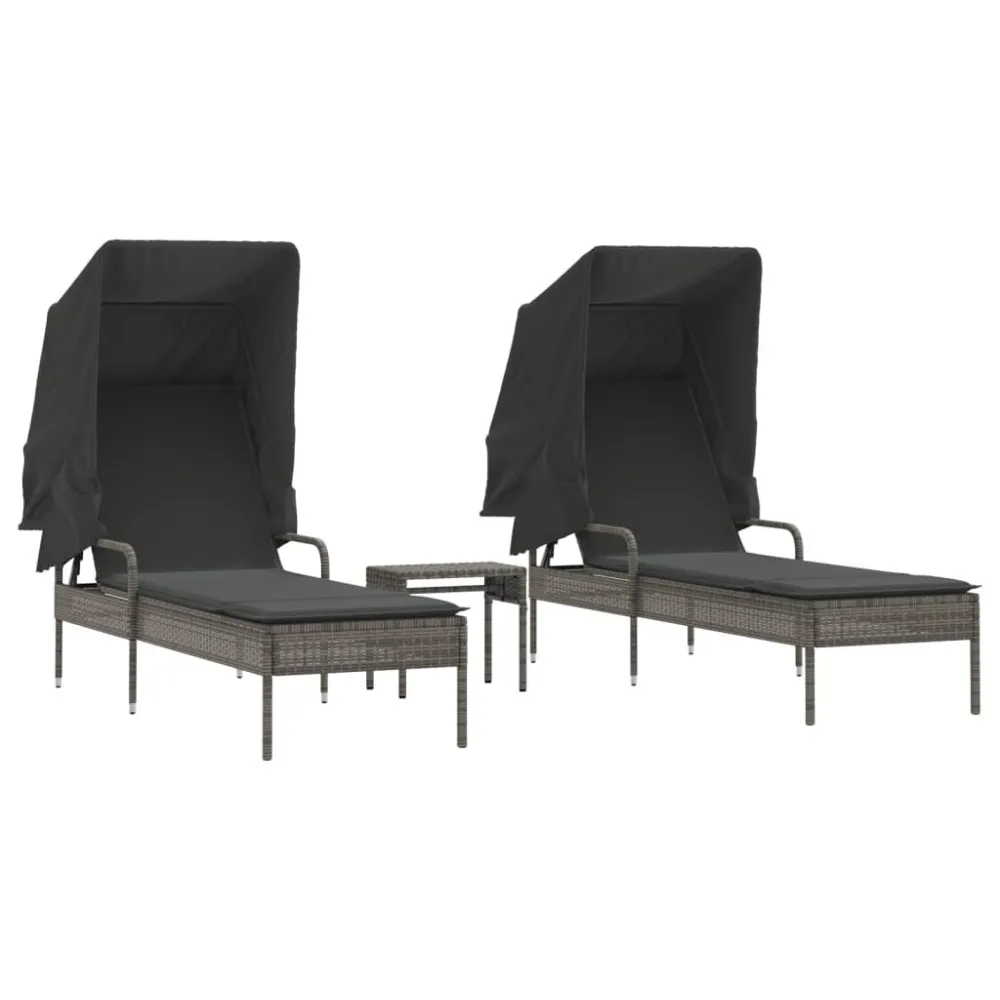 Espreguiçadeiras com toldos e mesa 2 pcs vime PE cinzento