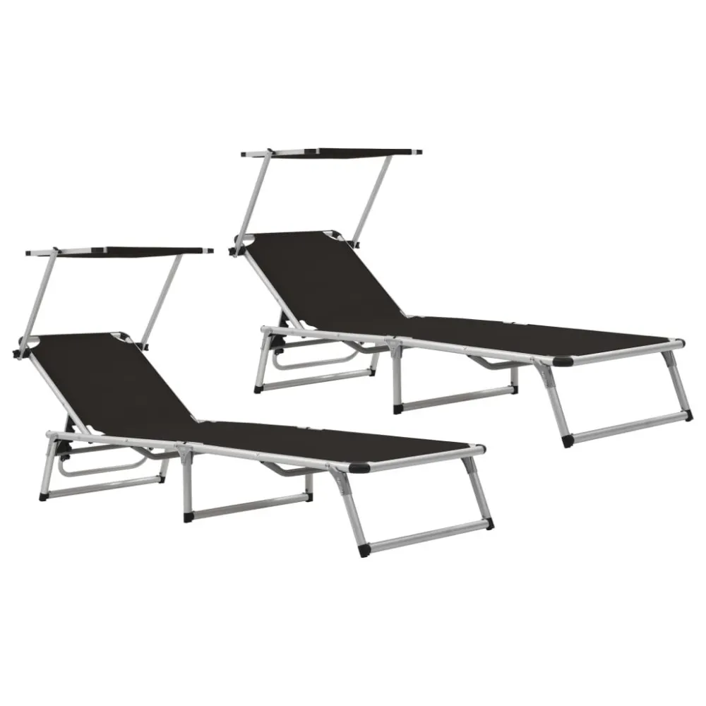 Espreguiçadeiras dobráveis com teto 2 pcs alum./textilene preto