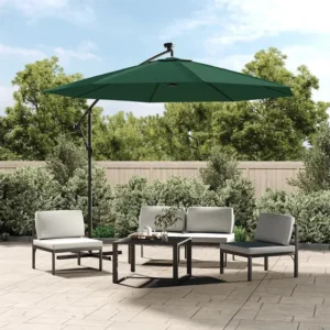 Guarda-sol suspenso com iluminação LED 300 cm verde mastro metálico