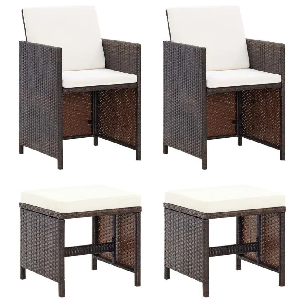 4 pcs conjunto de cadeiras e bancos de jardim vime PE castanho