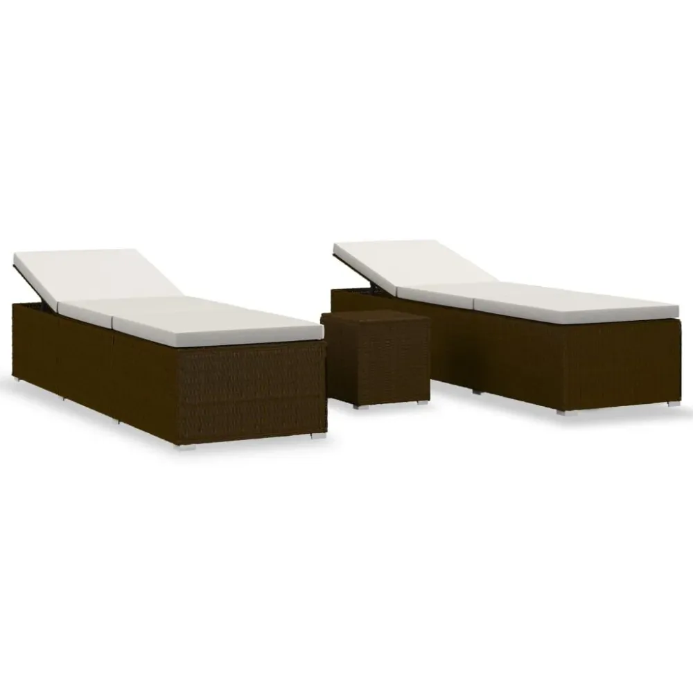 3 pcs espreguiçadeiras jardim com mesa centro vime PE castanho