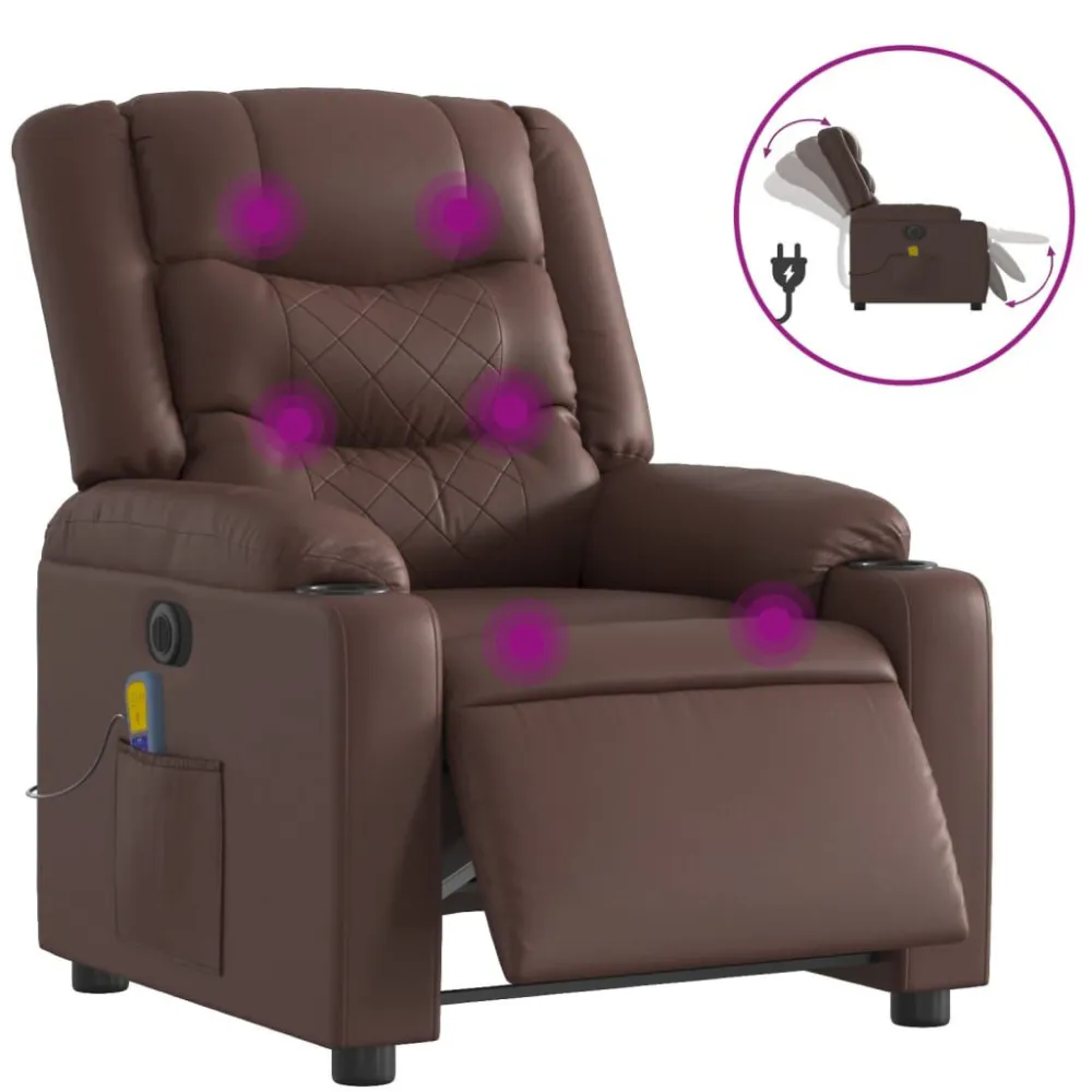 Poltrona massagens reclinável elétrica couro artif. castanho