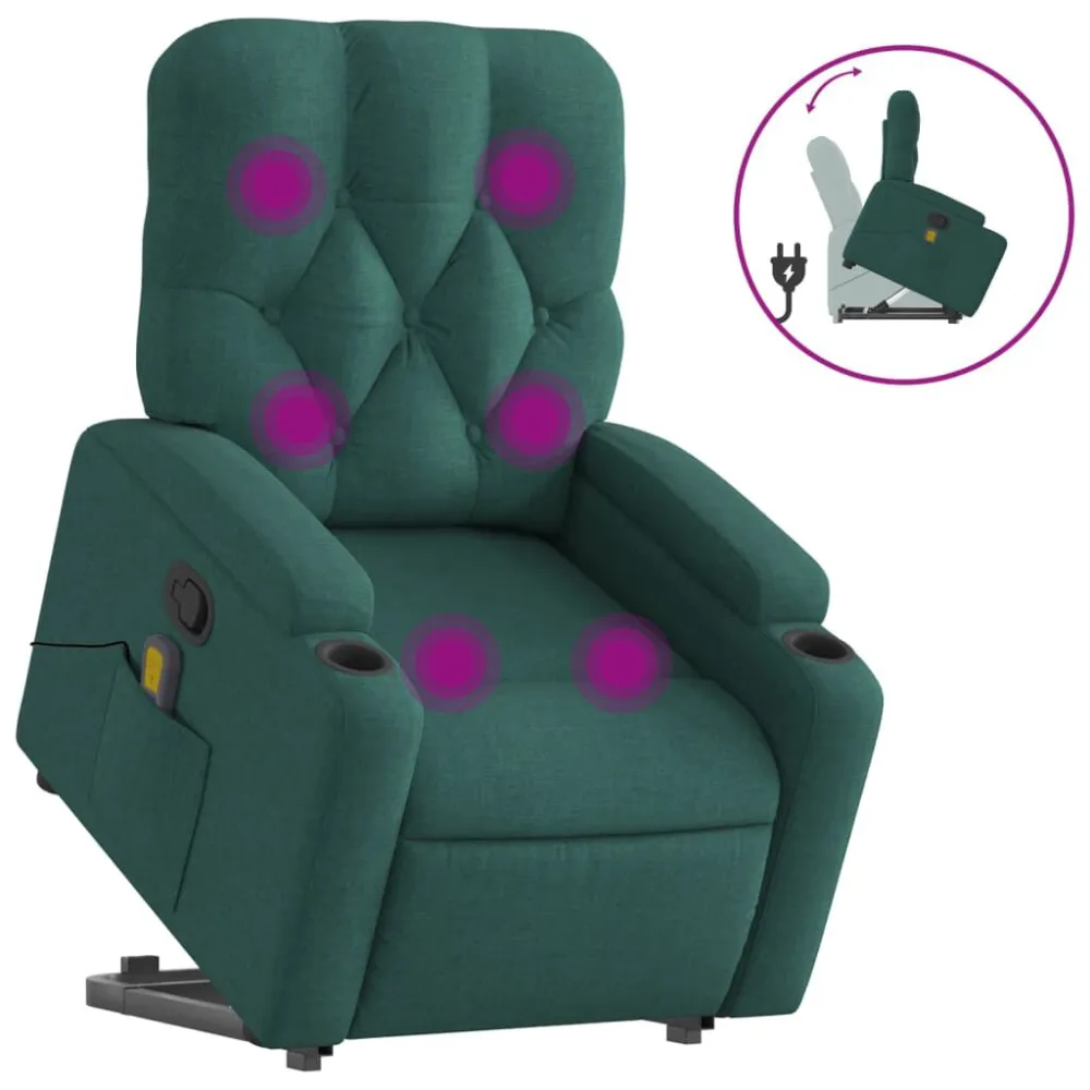 Poltrona reclinável elevatória de massagens tecido verde-escuro