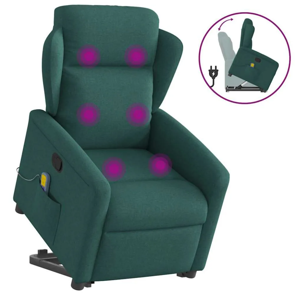 Poltrona reclinável elevatória de massagens tecido verde-escuro