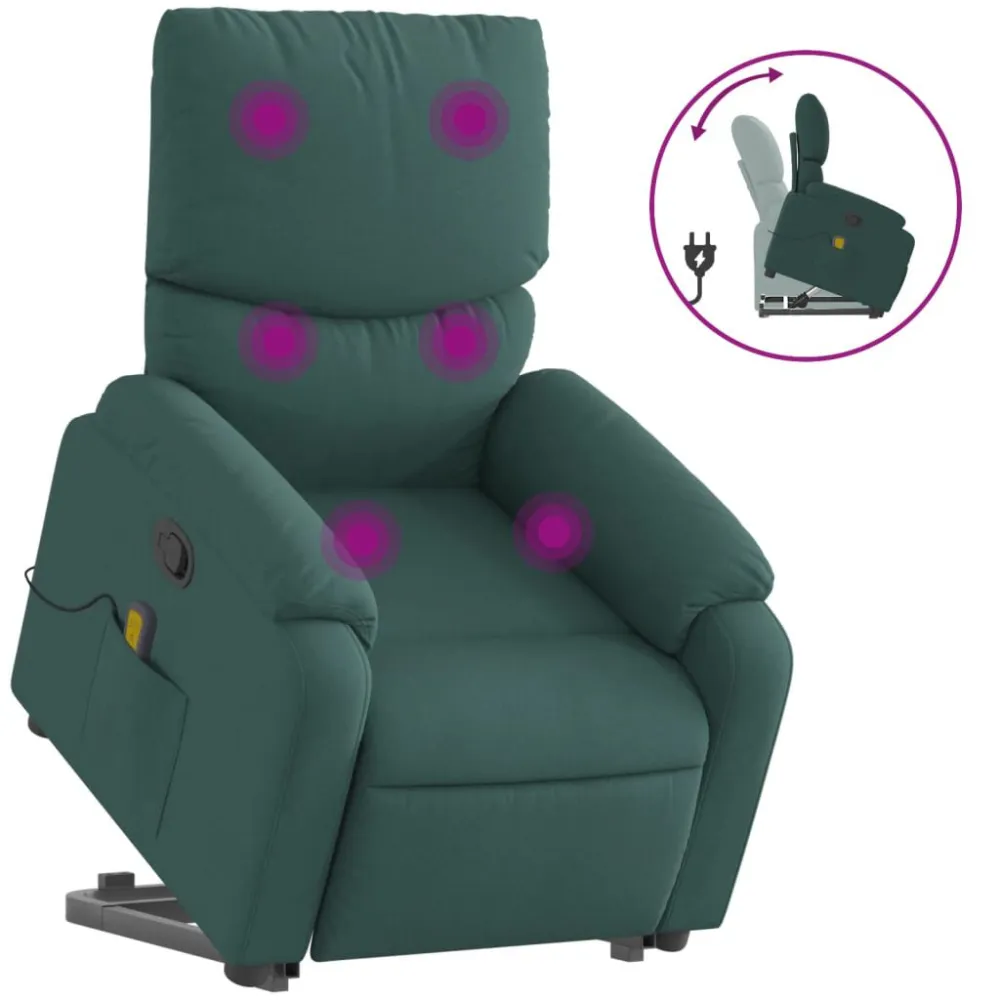 Poltrona reclinável elevatória de massagens tecido verde-escuro