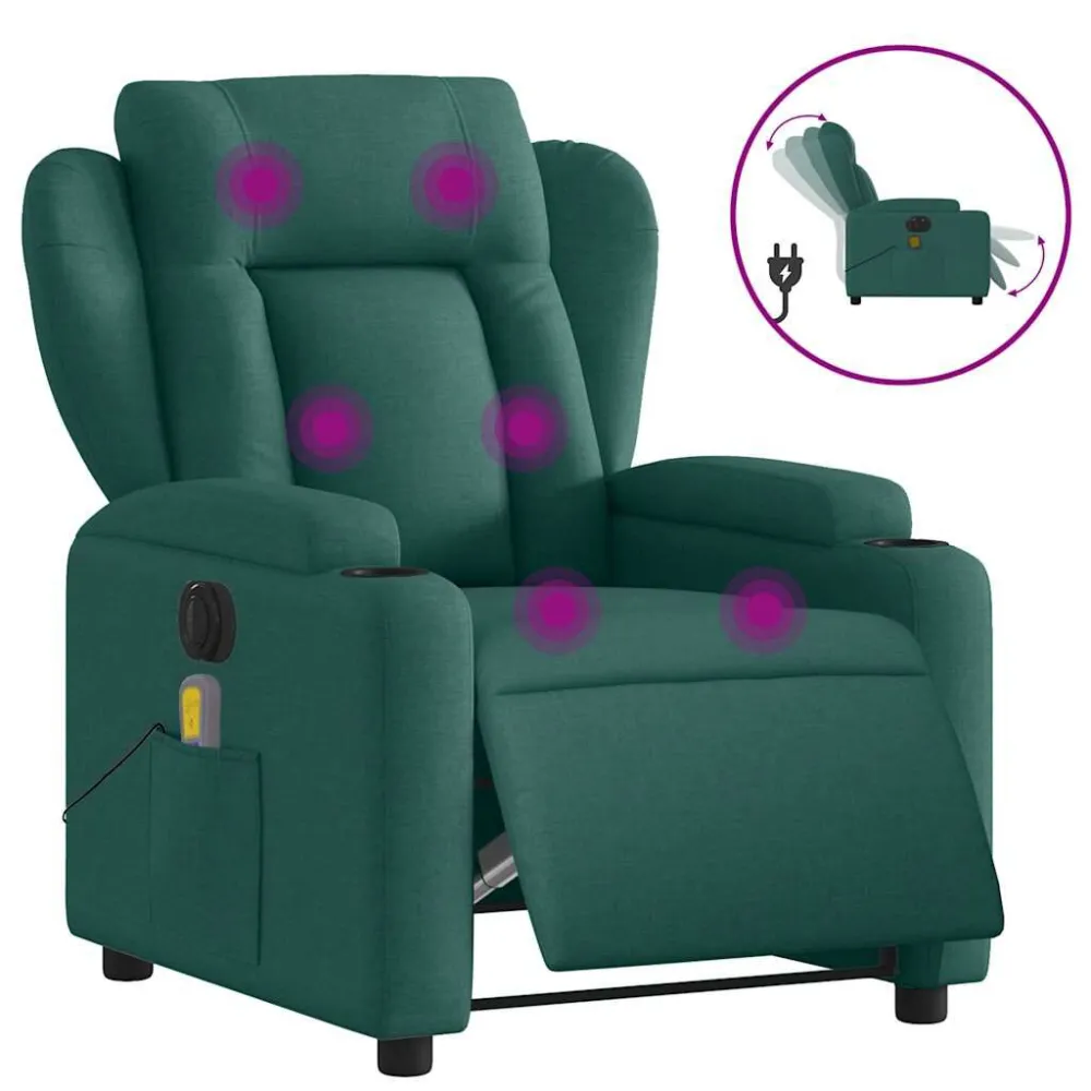 Poltrona reclinável de massagens elétrica tecido verde-escuro