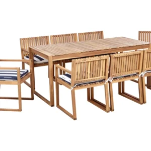 8 Seater Certified Acacia Wood Garden Dining Set Navy Blue and White Cushions SASSARI II