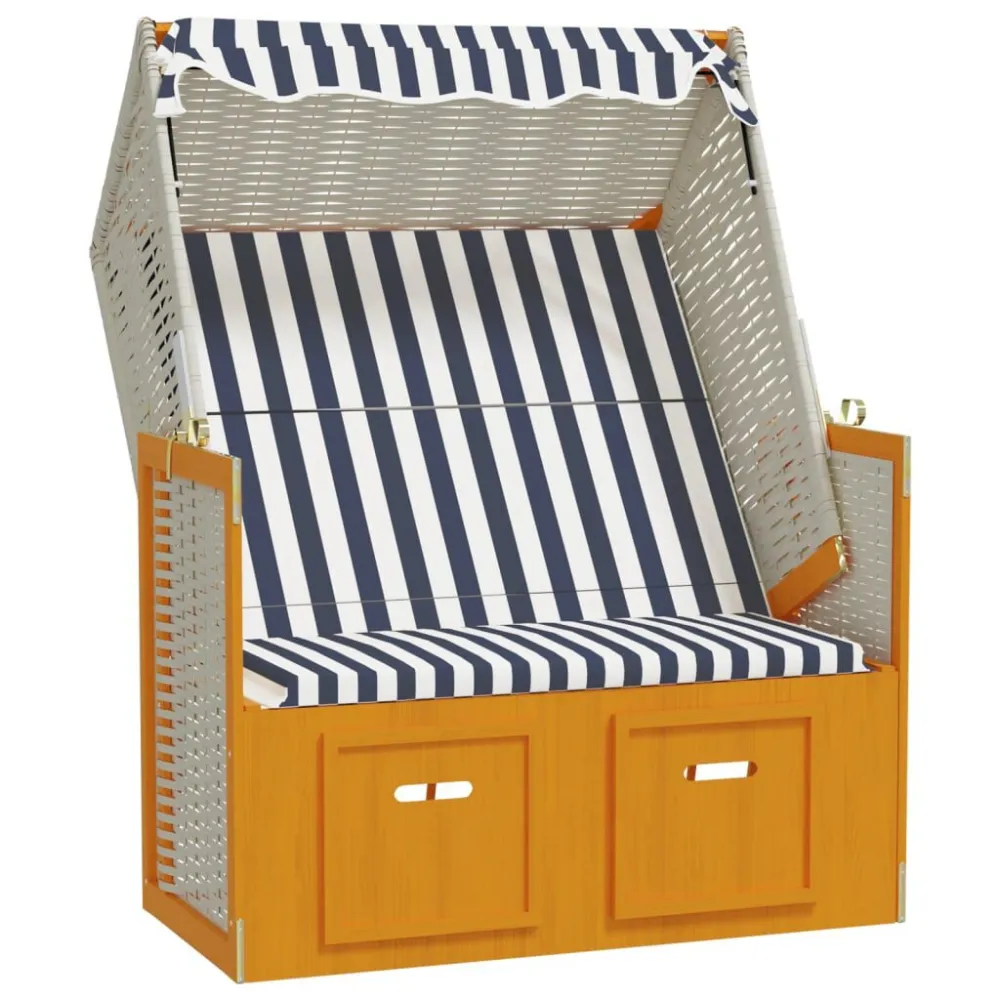 Strandkorb com toldo vime PE e madeira maciç branco e azul