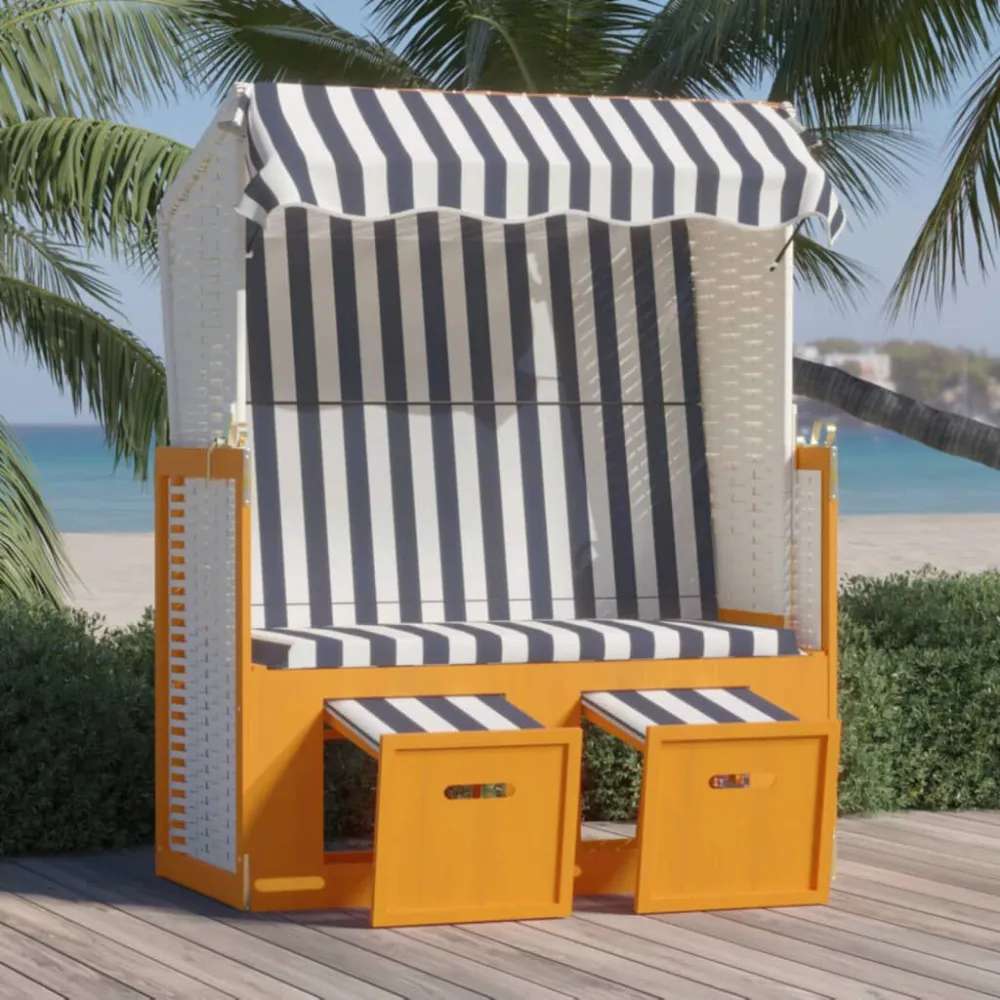 Strandkorb com toldo vime PE e madeira maciç branco e azul