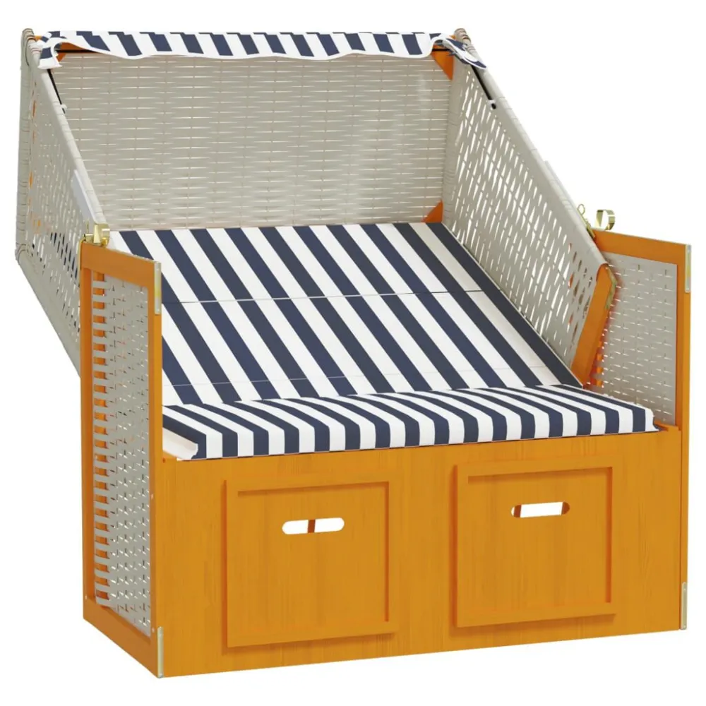 Strandkorb com toldo vime PE e madeira maciç branco e azul